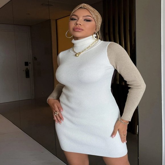 Rib-Knit Turtleneck Mini Sweater Dress - Picture 1 of 4